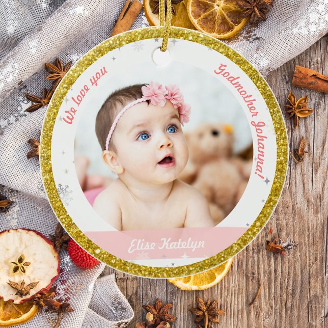 Adorno De Cerámica Chicas gemelos: Fotos de Madrina en primer lugar,  (Modern Elegant First Christmas Twin Baby Girls We love you Godmother 2 Photos Snowflakes Golden)