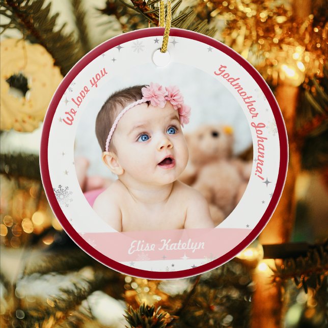 Adorno De Cerámica Chicas gemelos: Fotos de Madrina en primer lugar,  (Modern Elegant Cute First Christmas Baby Girls Twins We love you Godmother Name 2 Photos Snowflakes )
