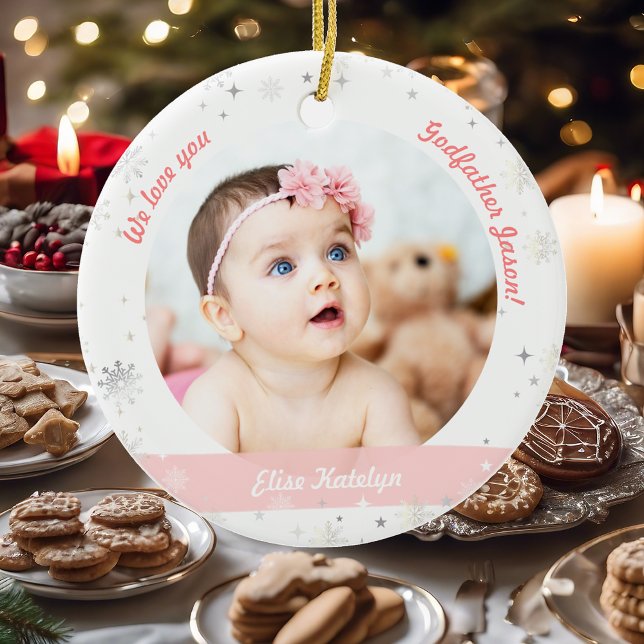 Adorno De Cerámica Chicas gemelos: Fotos del padrino en primer lugar  (Modern Elegant Cute First Christmas Baby Twins Girls We love you Godmother 2 Photos Snowflakes Pink)