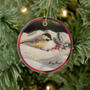 Adorno De Cerámica Chickadee con Nieve de Mistletoe e Invierno 2
