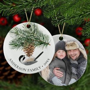 Adorno De Cerámica Chickadee fotográfico familiar en Navidades de Pin