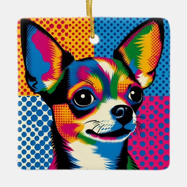 Adorno De Cerámica Chihuahua, Colorful Pop Art Style, (Anverso)
