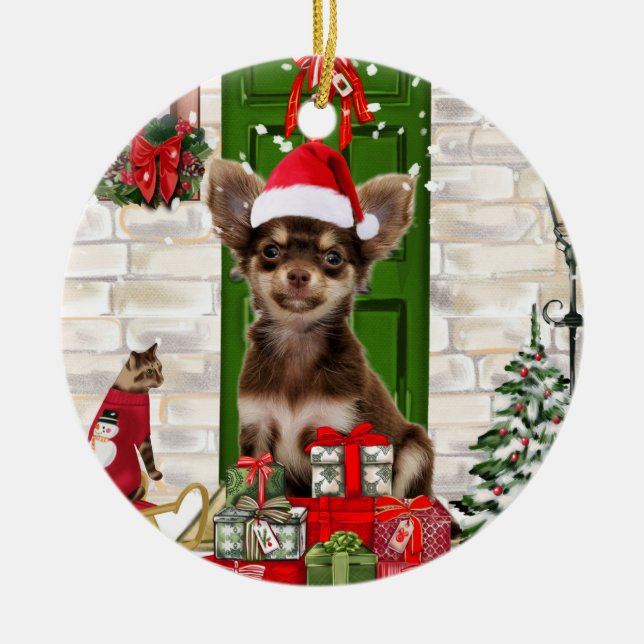 Adorno De Cerámica Chihuahua Dog Christmas (Frente)