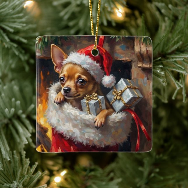 Adorno De Cerámica Chihuahua Dog Christmas Stocking Surprise Art (Árbol)