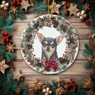 Adorno De Cerámica Chihuahua negra Perro Pinecone Wreath personalizad