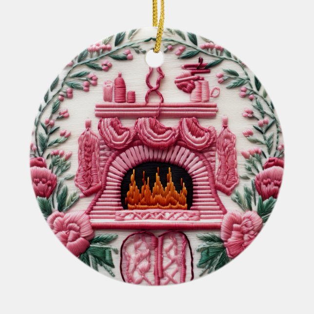 Adorno De Cerámica Chimenea acogedora de Navidades rosados (Frente)