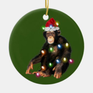 Adorno De Cerámica Chimpancés con Navidades de luces Gorras