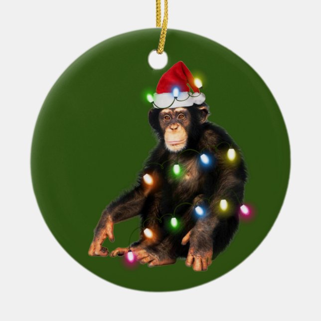 Adorno De Cerámica Chimpancés con Navidades de luces Gorras (Frente)