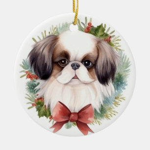 Adorno De Cerámica Chin Japonés Corona de Navidad Cachorro Festivo