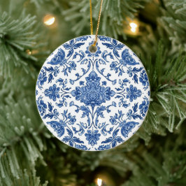 Adorno De Cerámica Chinoisería Floral Azul Acuarela Blanca