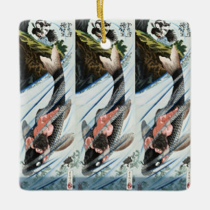 Adorno De Cerámica Chinoiserie Carpa Koi Cascada Arte Japonés