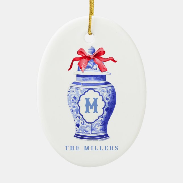 Adorno De Cerámica Chinoiserie Ginger Jar Monograma | Bow Rojo (Frente)