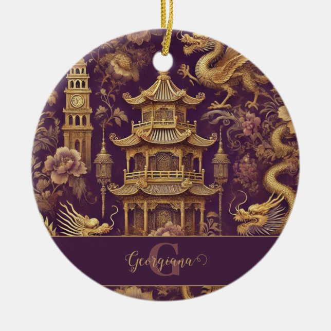 Adorno De Cerámica Chinoiserie victoriana personalizada Purple & Gold (Frente)