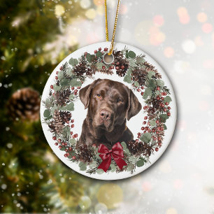 Adorno De Cerámica Chocolate Lab Perro Pinecone Wreath Personalizado