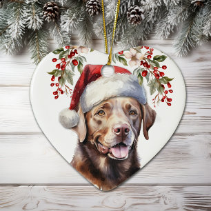 Adorno De Cerámica Chocolate Labrador Recuperador Perro Holly Wreath