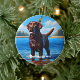 Adorno De Cerámica Chocolate Labrador y Blue Lake