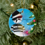 Adorno De Cerámica Cholo Snowman para árbol de Navidad enciende nieve<br><div class="desc">Decora tu árbol con este adorno que muestra mi ilustracion de un muñeco de nieve cholo mirando las luces de los árboles de Navidad en la nieve.</div>