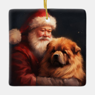 Adorno De Cerámica Chow Chow Con Santa Claus Festivo Navidad