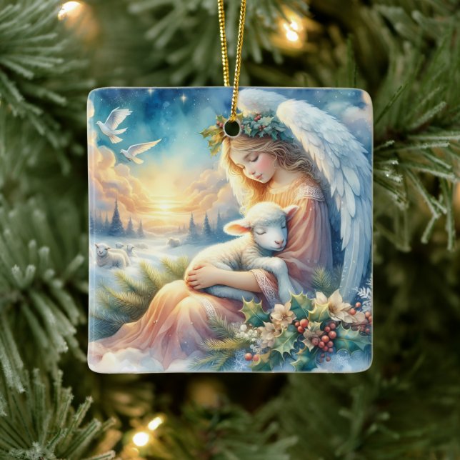 Adorno De Cerámica Christmas Angel with Lamb in Winter Peace (Árbol)
