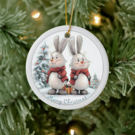 Adorno De Cerámica Christmas Bunny and gift, personalized