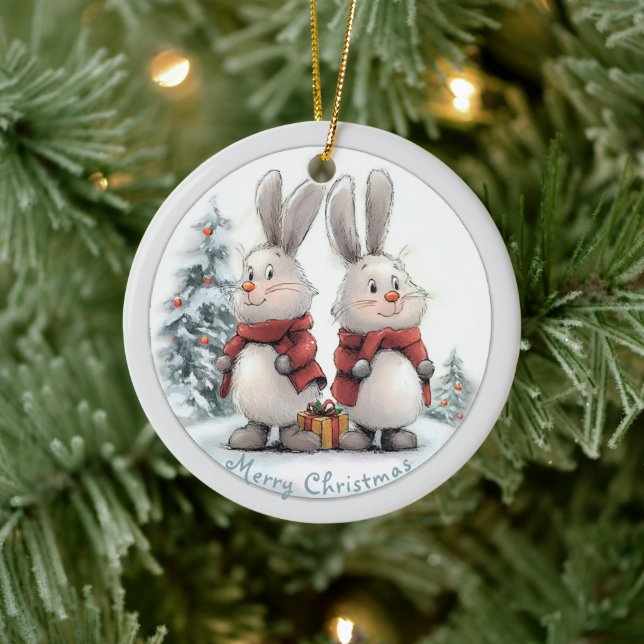 Adorno De Cerámica Christmas Bunny and gift, personalized (Árbol)