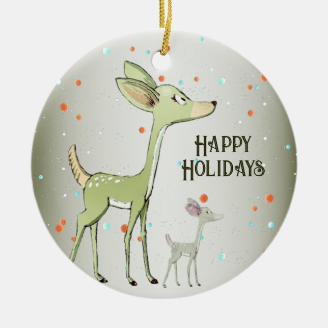 Adorno De Cerámica Christmas Celebration Green Deers Holidays Cute (Frente)