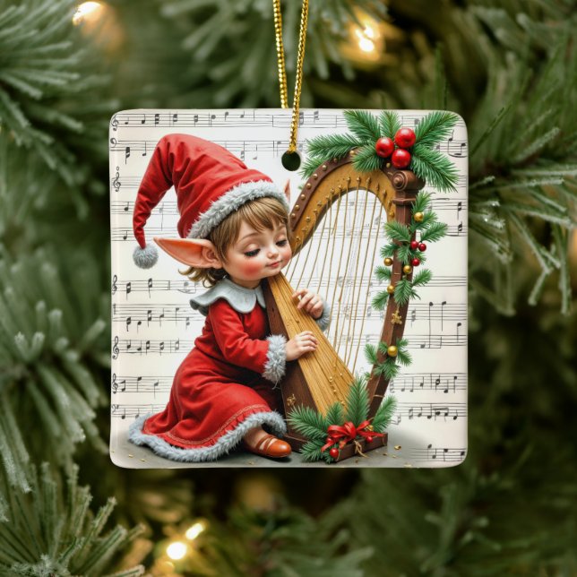 Adorno De Cerámica Christmas Elf Playing a Harp (Árbol)