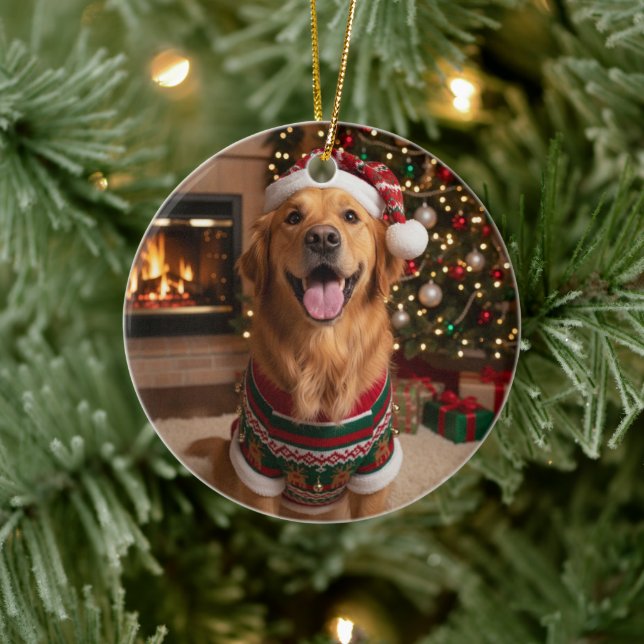 Adorno De Cerámica Christmas Golden Retriver Dog Custom Pet Photo (Árbol)