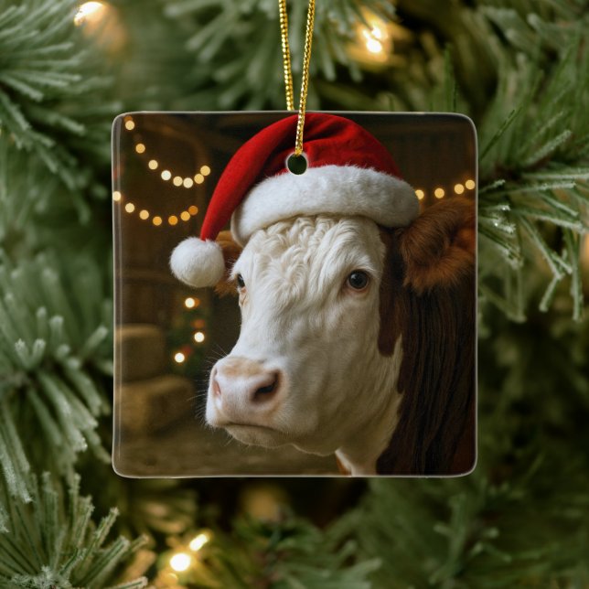 Adorno De Cerámica Christmas Hereford Cow Wearing a Santa Hat (Árbol)