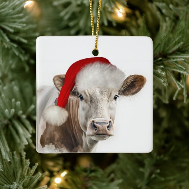 Adorno De Cerámica Christmas Hereford Cow With Santa Hat (Árbol)
