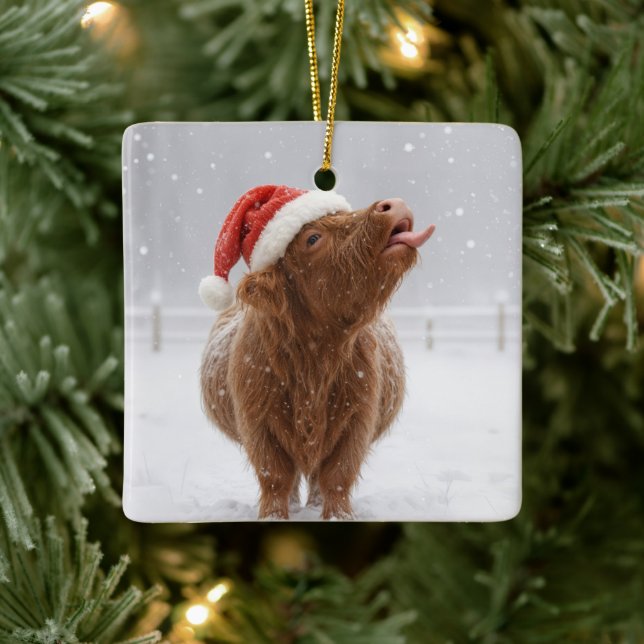 Adorno De Cerámica Christmas Highland Cow Catching Snowflakes (Árbol)