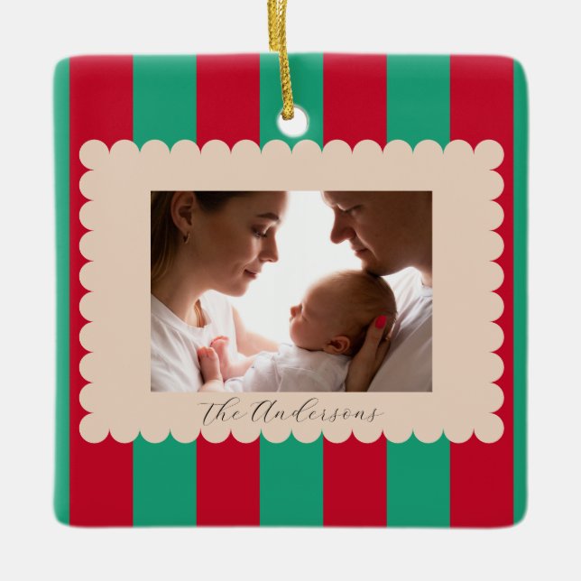 Adorno De Cerámica Christmas Holiday Striped Custom Photograph Modern (Anverso)