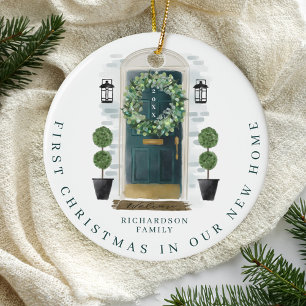 Adorno De Cerámica Christmas In New Home Watercolor Green Door Wreath