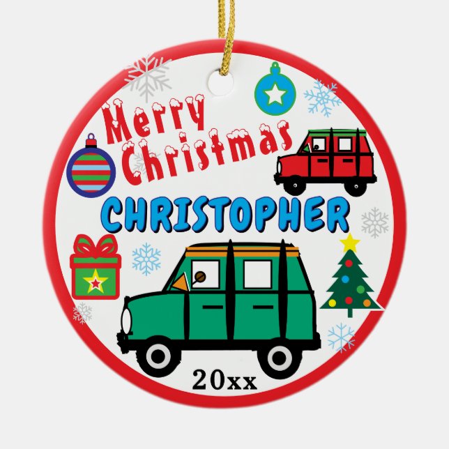 Adorno De Cerámica Christmas Kids PHOTO Name Green Red Cars (Frente)