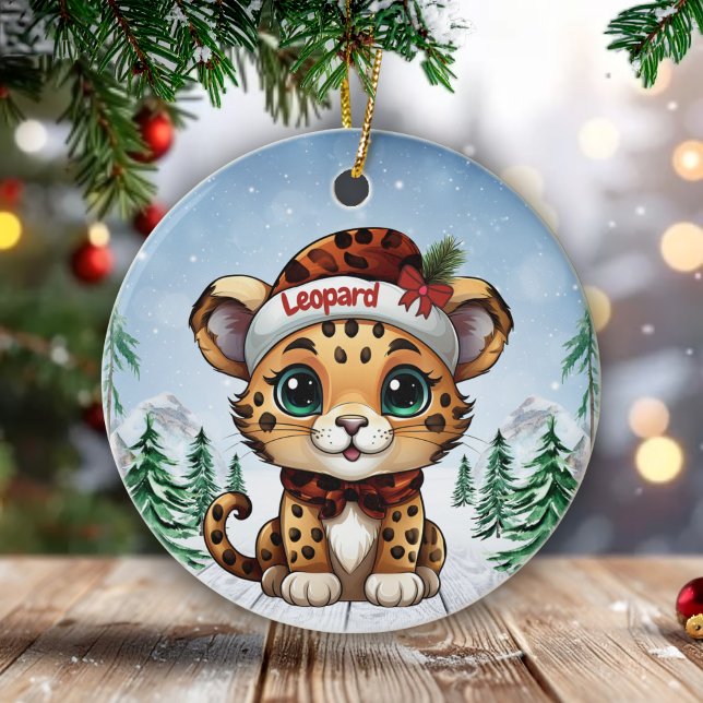 Adorno De Cerámica Christmas Leopard Spots Kitty Cat Lovers 🐆🐈🐾 (Custom Name Leopard Christmas Ornament Customizable Cat Decoration Personalizable Kitty Decor 🐆🎄)