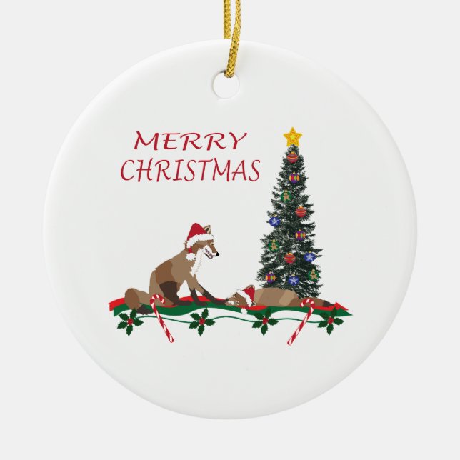 Adorno De Cerámica Christmas Ornament, wildlife, mom and baby fox (Frente)