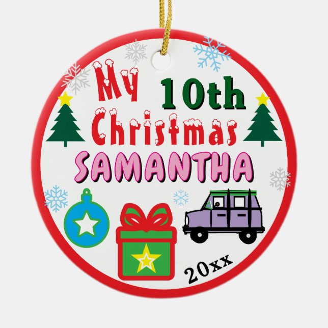 Adorno De Cerámica Christmas PHOTO Purple Car Girl Age (Frente)