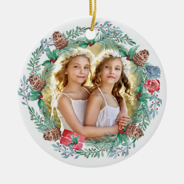 Adorno De Cerámica Christmas Pine Cone Wreath Double Sided Photo (Frente)