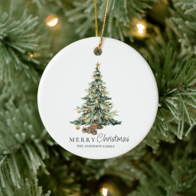 Adorno De Cerámica Christmas Pine Tree Photo Family Ornament (Árbol)