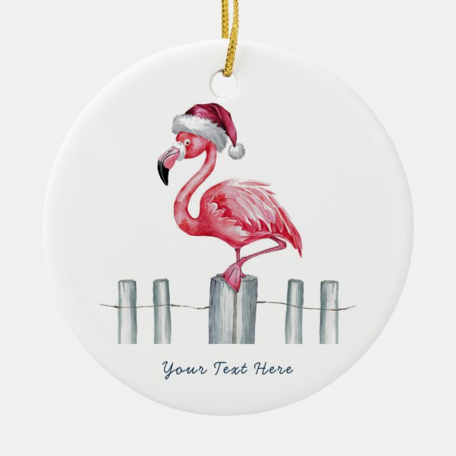 Adorno De Cerámica Christmas Pink Flamingo in Santa Hat Personalized (Frente)