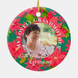 Adorno De Cerámica Christmas Poinsettias Red Photo Grandmother Teal