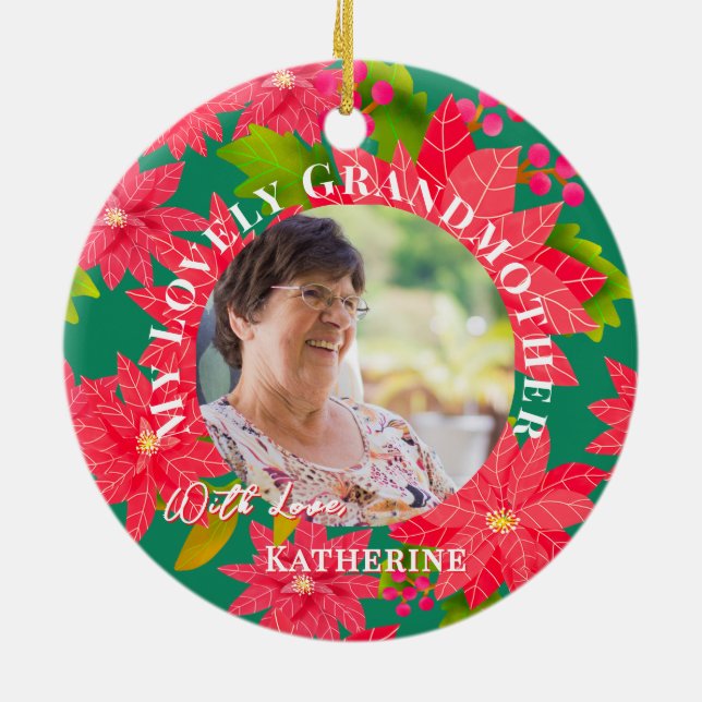 Adorno De Cerámica Christmas Poinsettias Red Photo Grandmother Teal (Atrás)