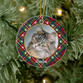 Adorno De Cerámica Christmas Red Blue Green Plaid Cat Photo & Name