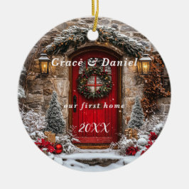 Adorno De Cerámica Christmas Red Door Wreath "Our First Home"