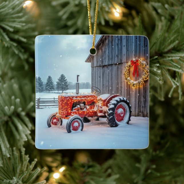 Adorno De Cerámica Christmas Red Farm Tractor In Snow (Árbol)