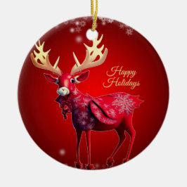 Adorno De Cerámica Christmas Tree Red Reindeer Winter Holidays