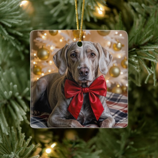 Adorno De Cerámica Christmas Weimaraner Dog With Red Bow (Árbol)