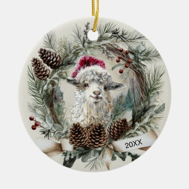 Adorno De Cerámica Christmas Wreath Angora Goat  (Frente)