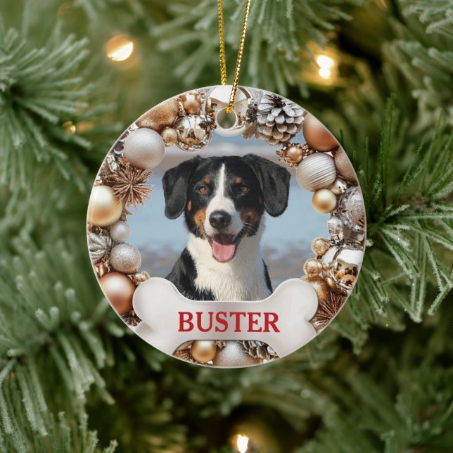 Adorno De Cerámica Christmas Wreath Dog Photo Tree Ornament (Árbol)