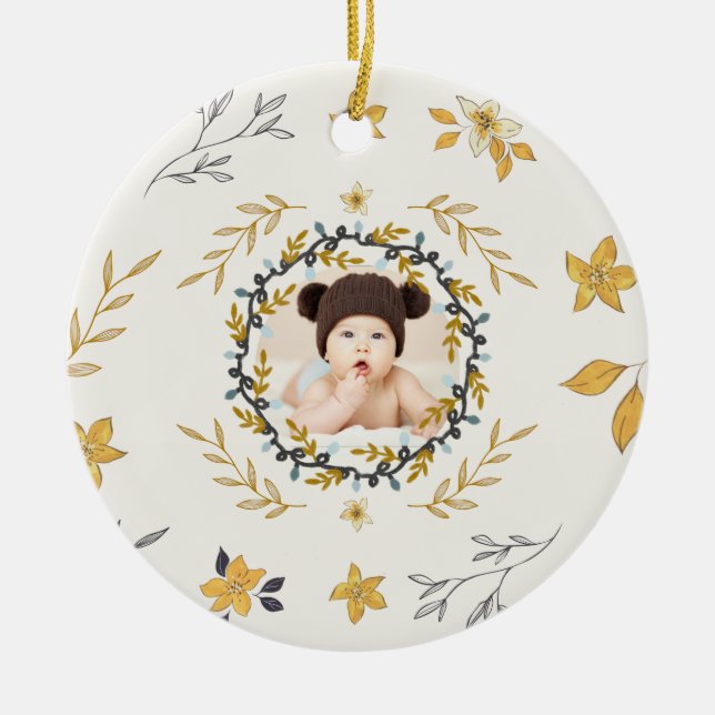 Adorno De Cerámica Christmastime Deer Yellow Cream Floral Photo (Frente)